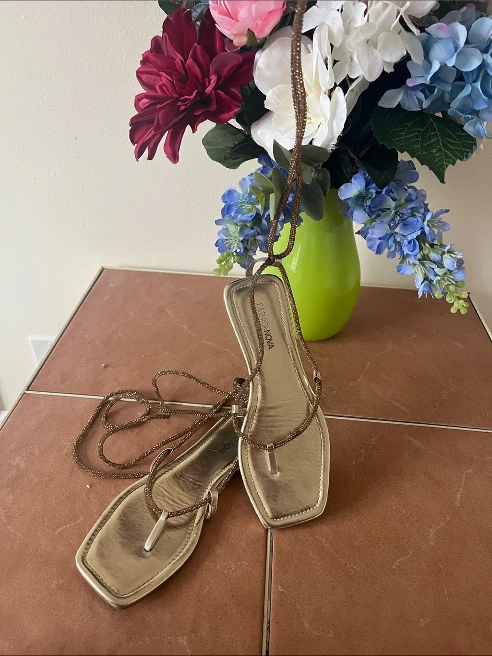 Fashion Nova Metallic Gold Lace-Up Square-Toe Sandals